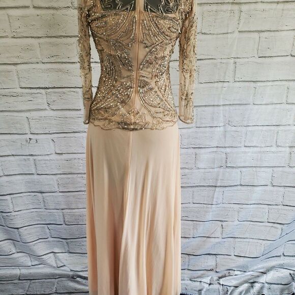 Pisarro Nights Blush Sheer 3/4 sleeve Beaded Gown Formal Womens Size 4 Rayon - Picture 5 of 10